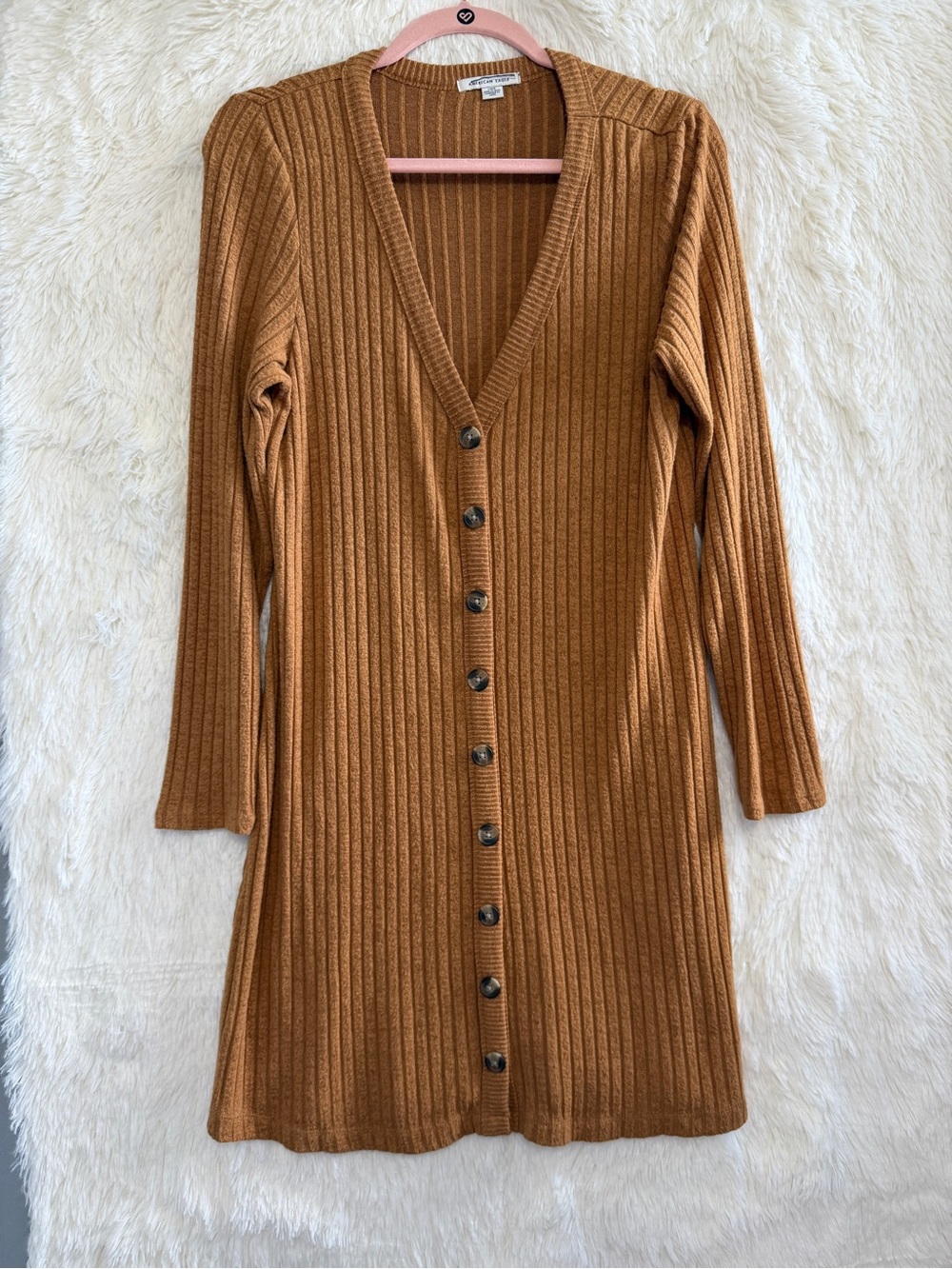 American Eagle Womens Ribbed Sweater Dress Cardigan Size L Mustard Fall Cozy